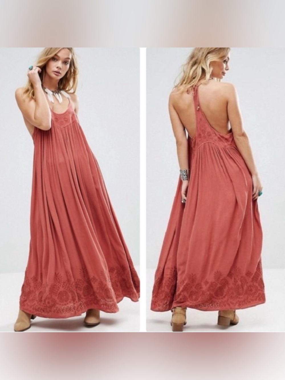 NWOT Free People Elaine Embroidered Racer Back Maxi Dress 
Rust